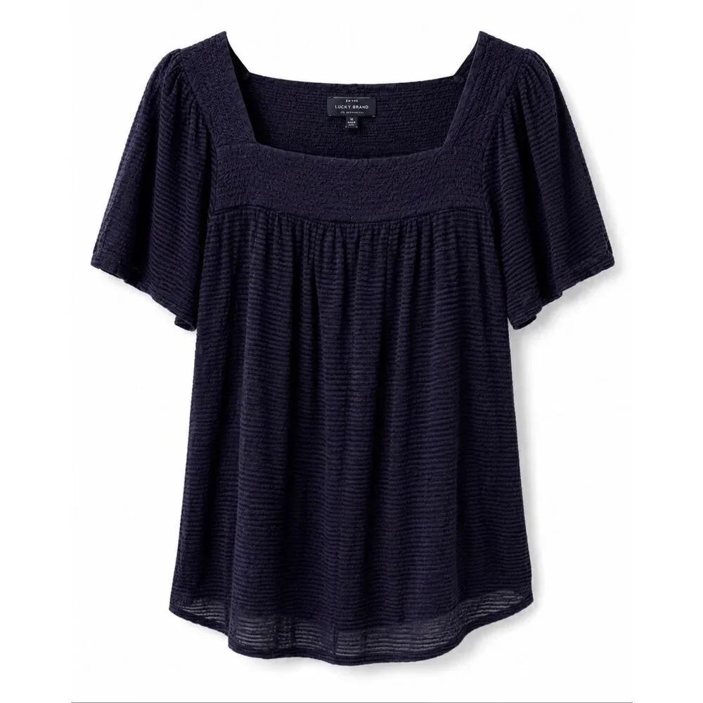 Lucky Brand Size: Small Square Neck Navy Blue Stripe Top, Semi-Sheer Blouse